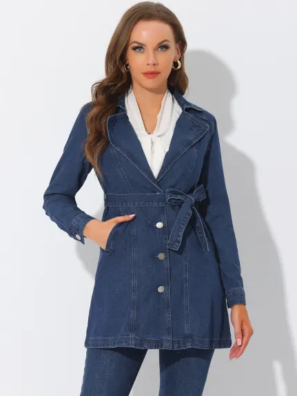 Allegra K- Notched Lapel Button Belted Long Denim Jacket