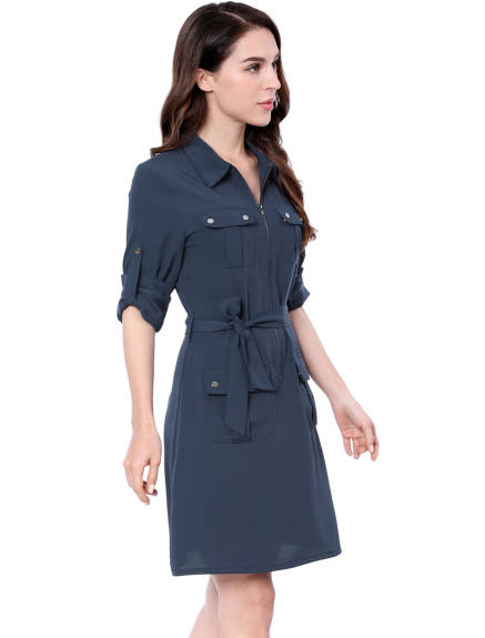 Allegra K- Roll-Up Sleeve Multi-Pocket Belted Shirt Dress