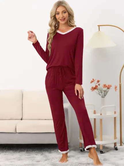 cheibear - V Neck Lace Trim Top with Pants Lounge Set