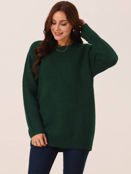 Allegra K- Round Neck Pullover Sweater with Pockets