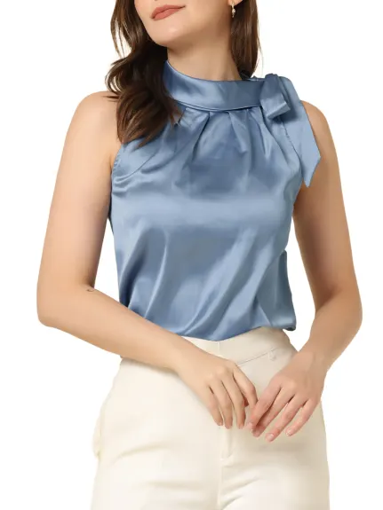 Allegra K - Satin Sleeveless Tie Neck Work Blouse