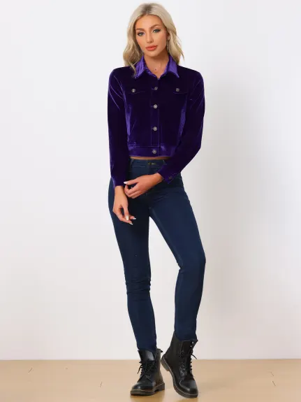 Allegra K - Velvet Button Up Cropped Casual Jacket