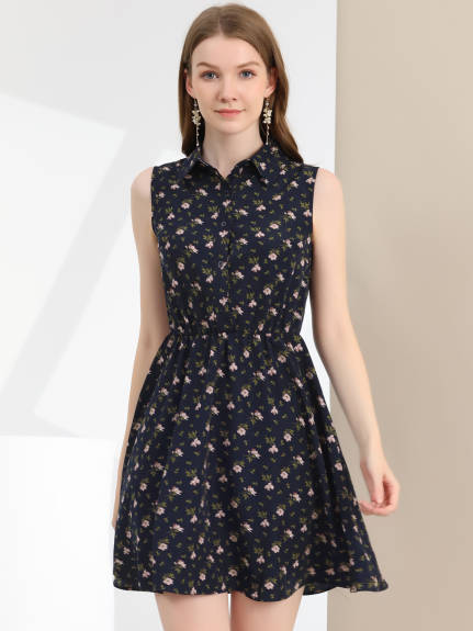 Allegra K- Printed Half Placket Sleeveless Belted Dress