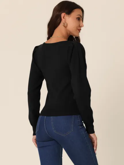 Allegra K - Solid Square Neck Ribbed Knit Sweater