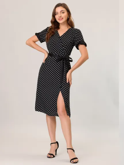 Allegra K- V Neck Polka Dots Button Decor Split Belted Dress