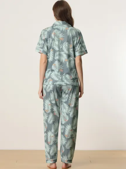 cheibear - Button Down Satin Floral Summer Pajamas Set