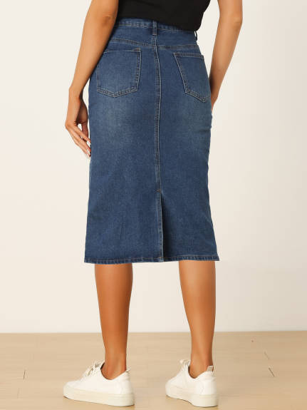 Allegra K- High Waist Split Back Denim Midi Skirt