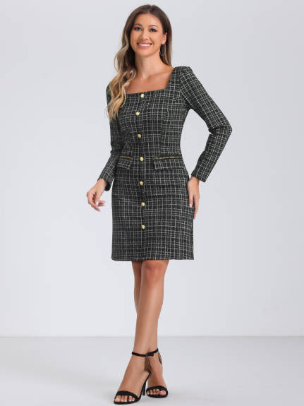 Allegra K - Tweed Plaid Long Sleeve Sheath Dress