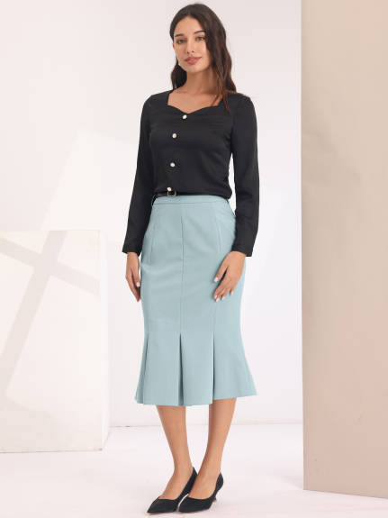 Hobemty- Below Knee Lenght Fishtail Skirt with Belt