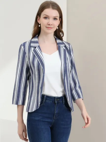 Allegra K- Casual Striped 3/4 Sleeves Open Front Notched Lapel Blazer