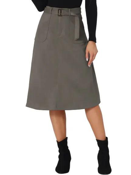 Allegra K- Faux Suede Pockets A-Line Midi Skirt