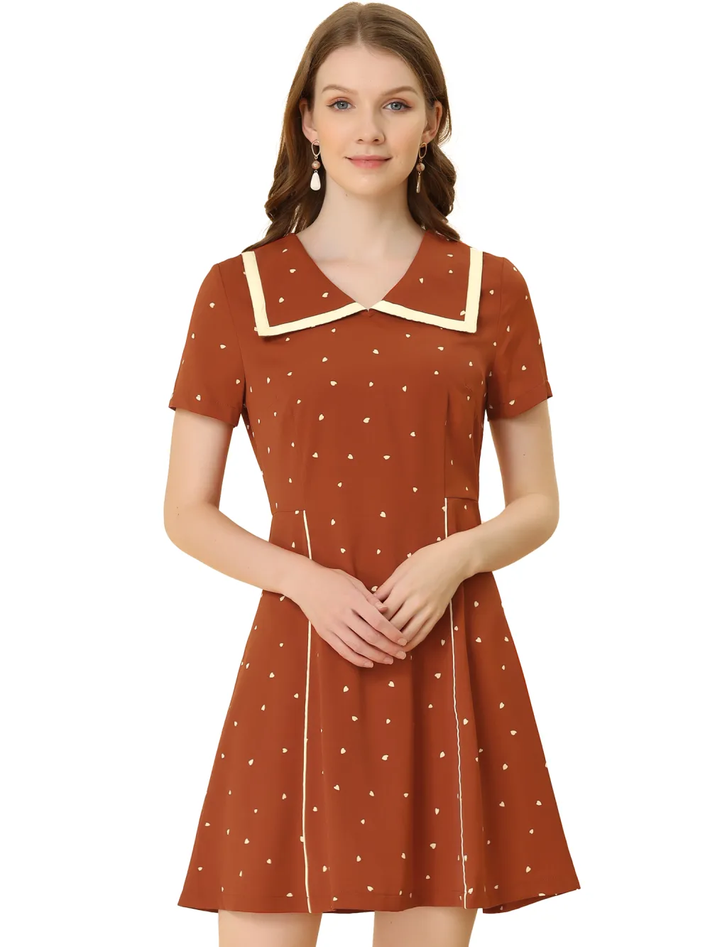 Allegra K- Heart Printed Doll Collar Short Sleeve Dress