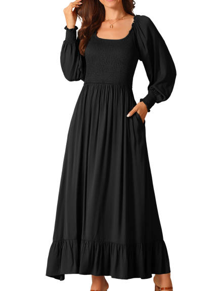 Allegra K - Scoop Neck Smocked Maxi Dress