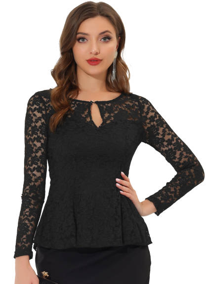 Allegra K - Long Sleeve Lace Sheer Peplum Top