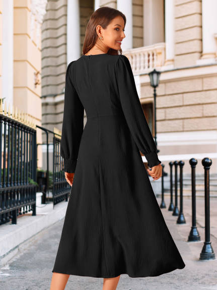 Allegra K - Pleated Front Flowy Long Sleeve Dress