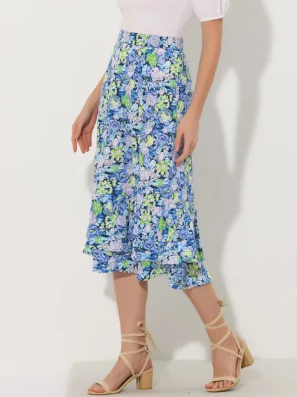 Allegra K- Zipper Printed Chiffon Ruffle Tiered Midi Skirt