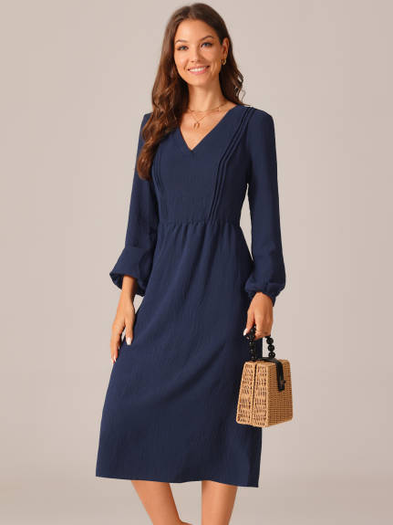 Allegra K - Long Sleeve V-Neck Pleated Fall Dress