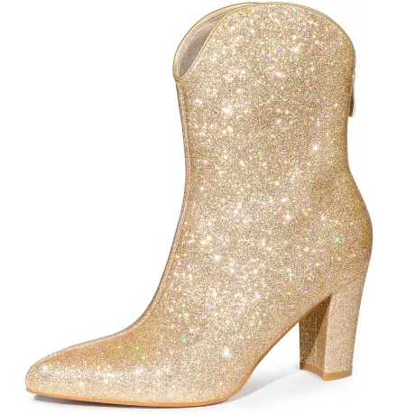 Allegra K - V Shape Pointed Toe Glitter Mid Calf Boots