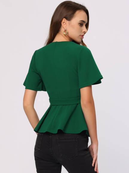 Allegra K - Bell Sleeve Belted Waist Peplum Top