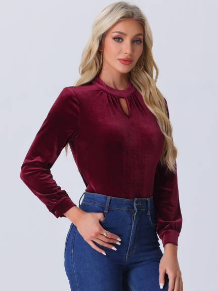 Allegra K - Stand Collar Long Sleeve Velvet Top