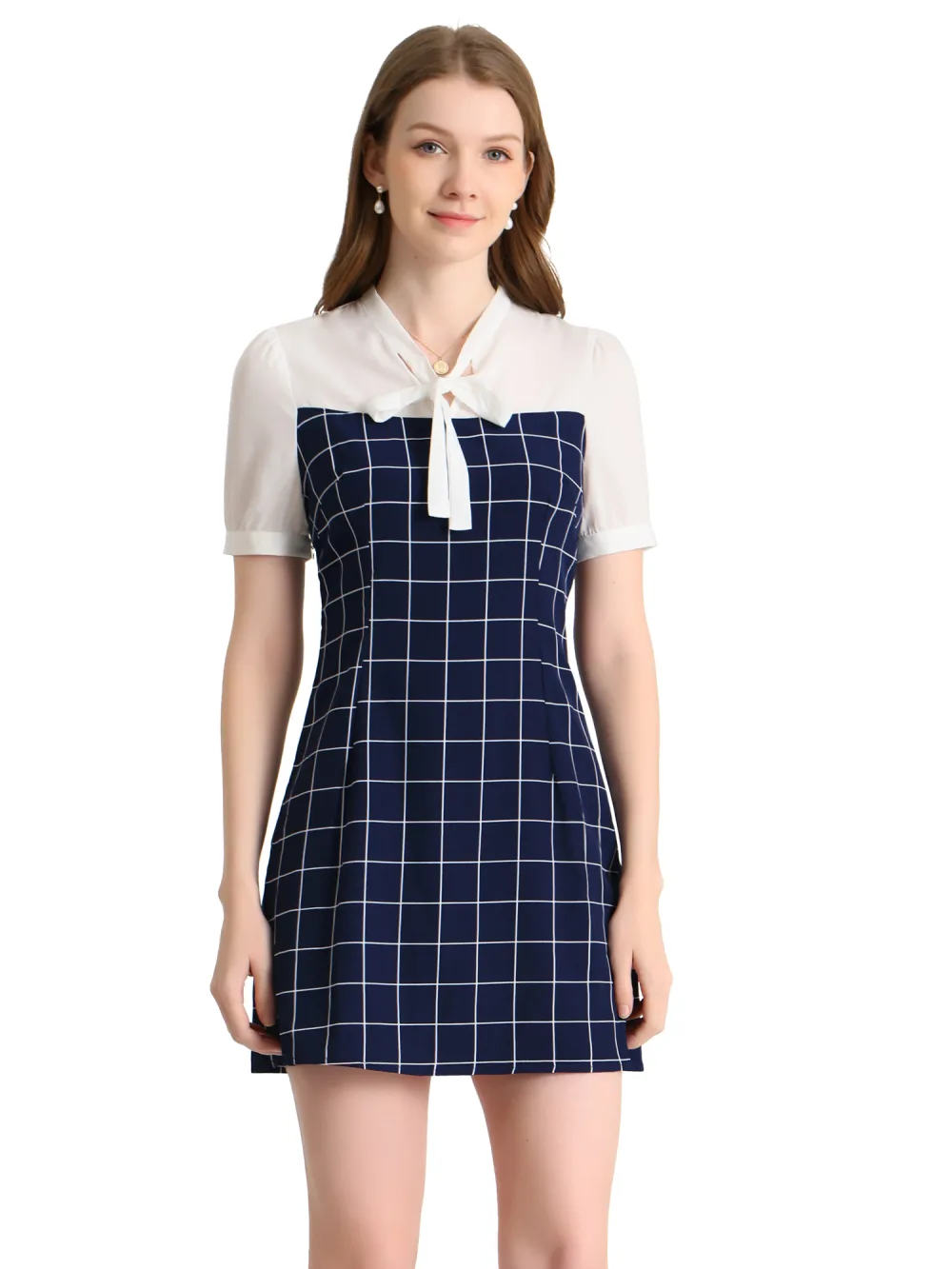 Allegra K- Plaid Panel Tie Neck Puff Short Sleeve Dress