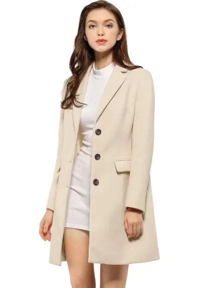 Allegra K- Notched Lapel Single Breasted Long Coat