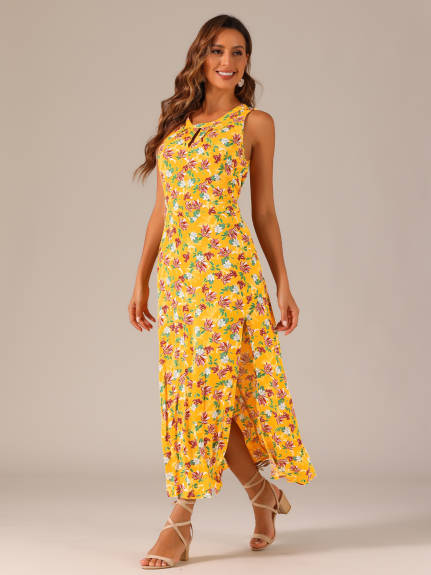 Allegra K- Sleeveless Floral Split Maxi Dress