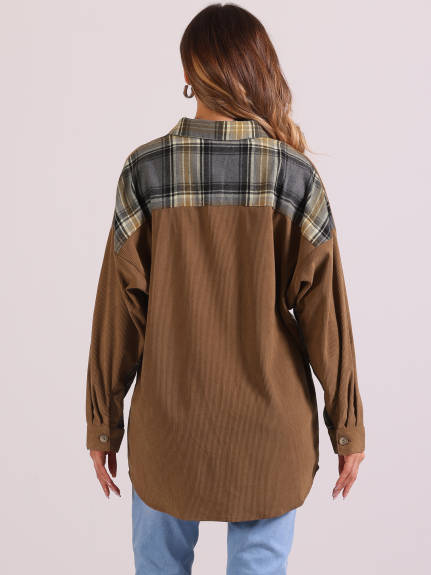 Allegra K - Waffle Patchwork  Long Sleeve Shirt Shacket