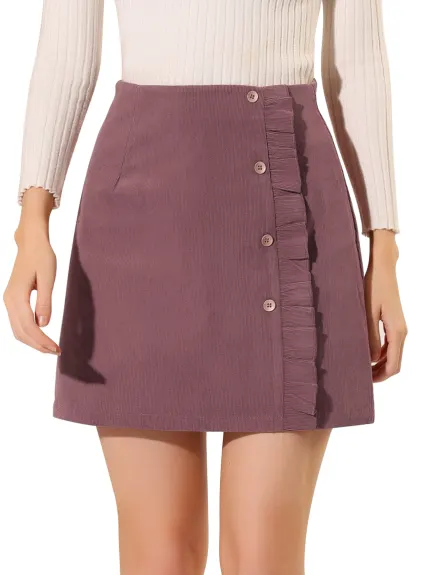 Allegra K - Corduroy Button Ruffled Trim Short Skirt