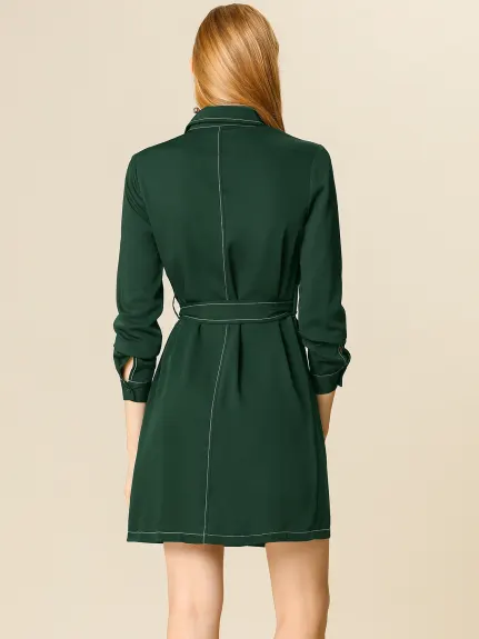 Allegra K- Button Up Belted Long Sleeve Shirt Dress