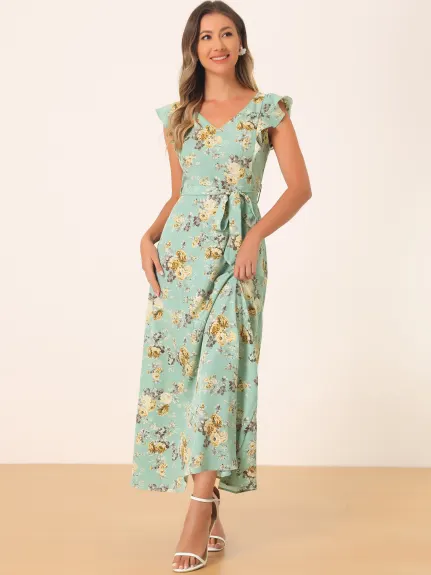 Allegra K - Summer Belted Floral Maxi Dress