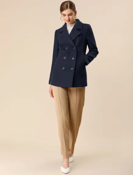 Allegra K- Notched Lapel Double-Breasted Overcoat