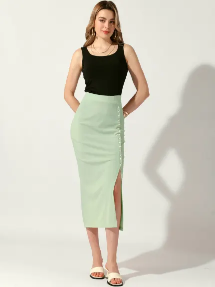 Allegra K - Side Split Ribbed Knit Pencil Skirt