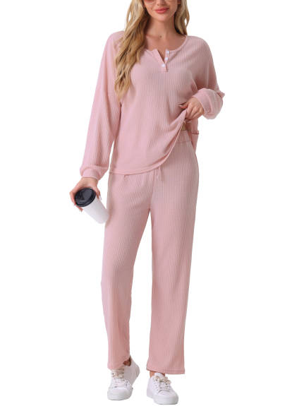 Cheibear - Waffle Knit Long Sleeve Pajama Set