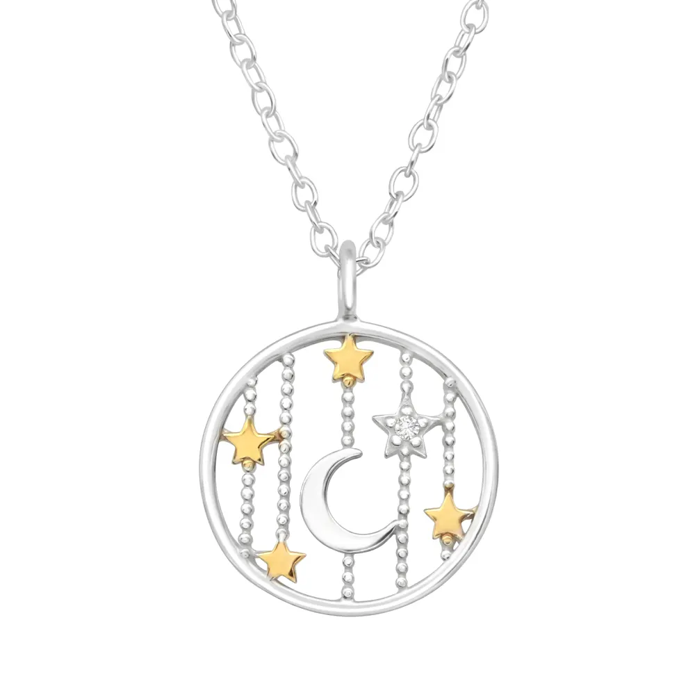 Sterling Silver and 18kt Gold Plated Star and Moon Pendant Necklace - Ag Sterling