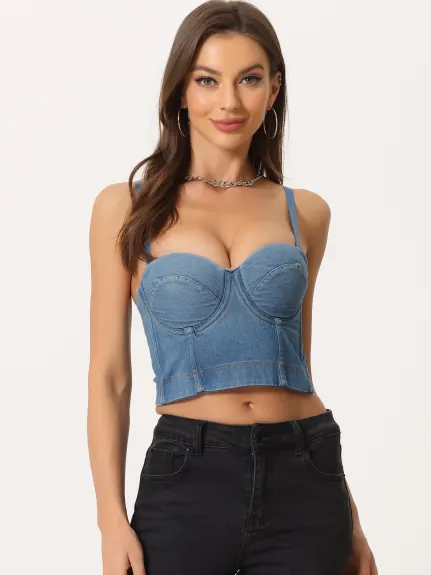 Allegra K - Denim Push Up Crop Bustier Top