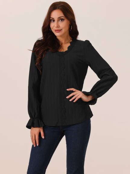 Allegra K - Lace V Neck Lantern Sleeve Casual Top