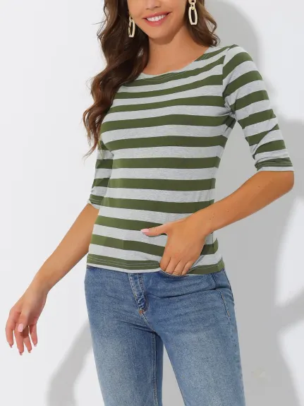 Allegra K- Boat Neck Elbow Sleeve Slim Fit Stripe T-Shirt