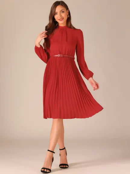 Allegra K- Elegant Long Sleeve Pleated Midi Shirt Dress