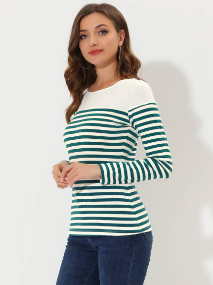 Allegra K- Color Block Long Sleeve Stripe T-Shirt