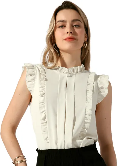 Allegra K - Ruffle Mock Neck Sleeveless Pleated Blouse