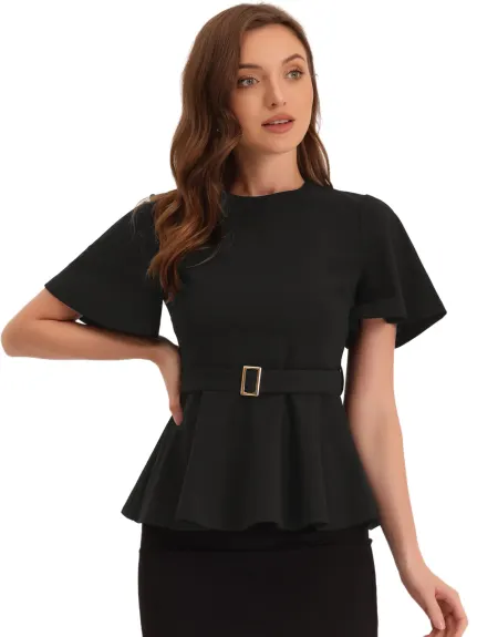 Allegra K - Bell Sleeve Belted Waist Peplum Top