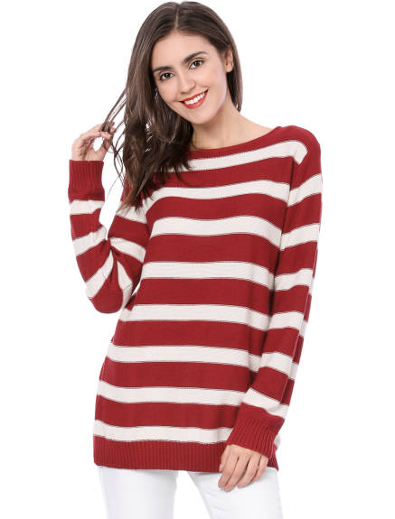 Allegra K- Round Neck Drop Shoulder Loose Striped Tunic Sweater