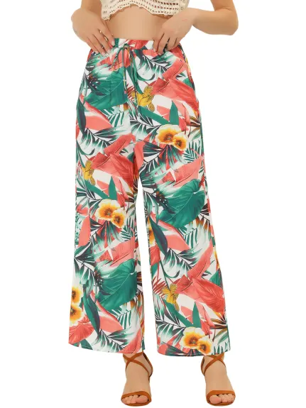 Allegra K- Drawstring Wide Leg Floral Beach Pants