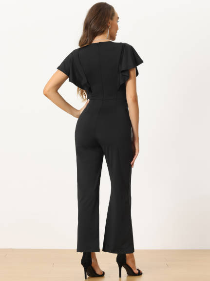 Allegra K - Ruffle Short Sleeve Fitted Wide Leg Jumpsuit