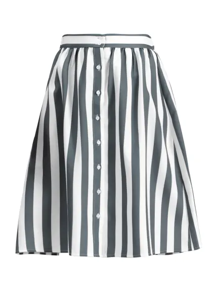 Allegra K - Button A-Line Striped Midi Skirt