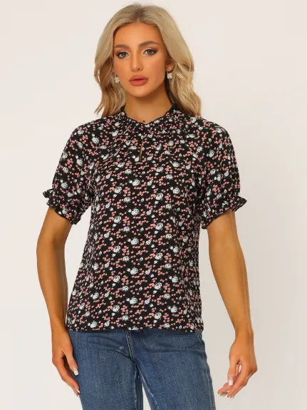 Allegra K- Floral Short Sleeve Ruffle Neck Blouse