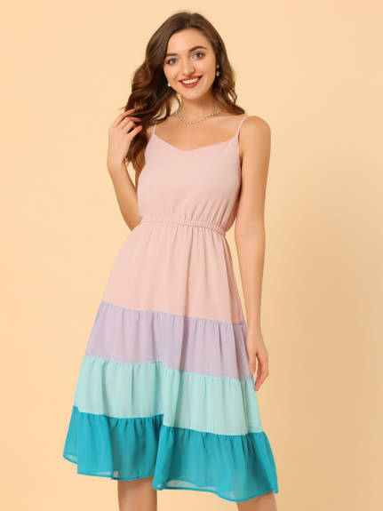 Allegra K- Spaghetti Strap V Neck Swing Chiffon Midi Dress