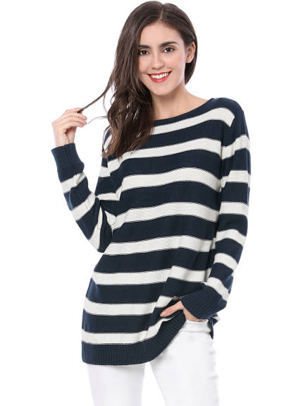 Allegra K- Round Neck Drop Shoulder Loose Striped Tunic Sweater