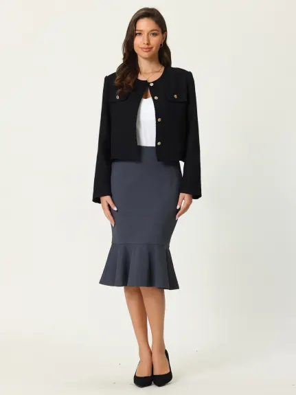 Hobemty- Long Sleeve Tweed Cropped Blazer Jacket